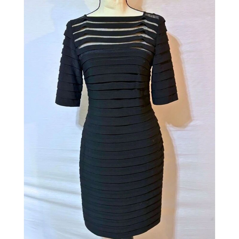 Adrianna Papell Black Banded Sheath Dress Size 4 Illusion Mesh Cocktail